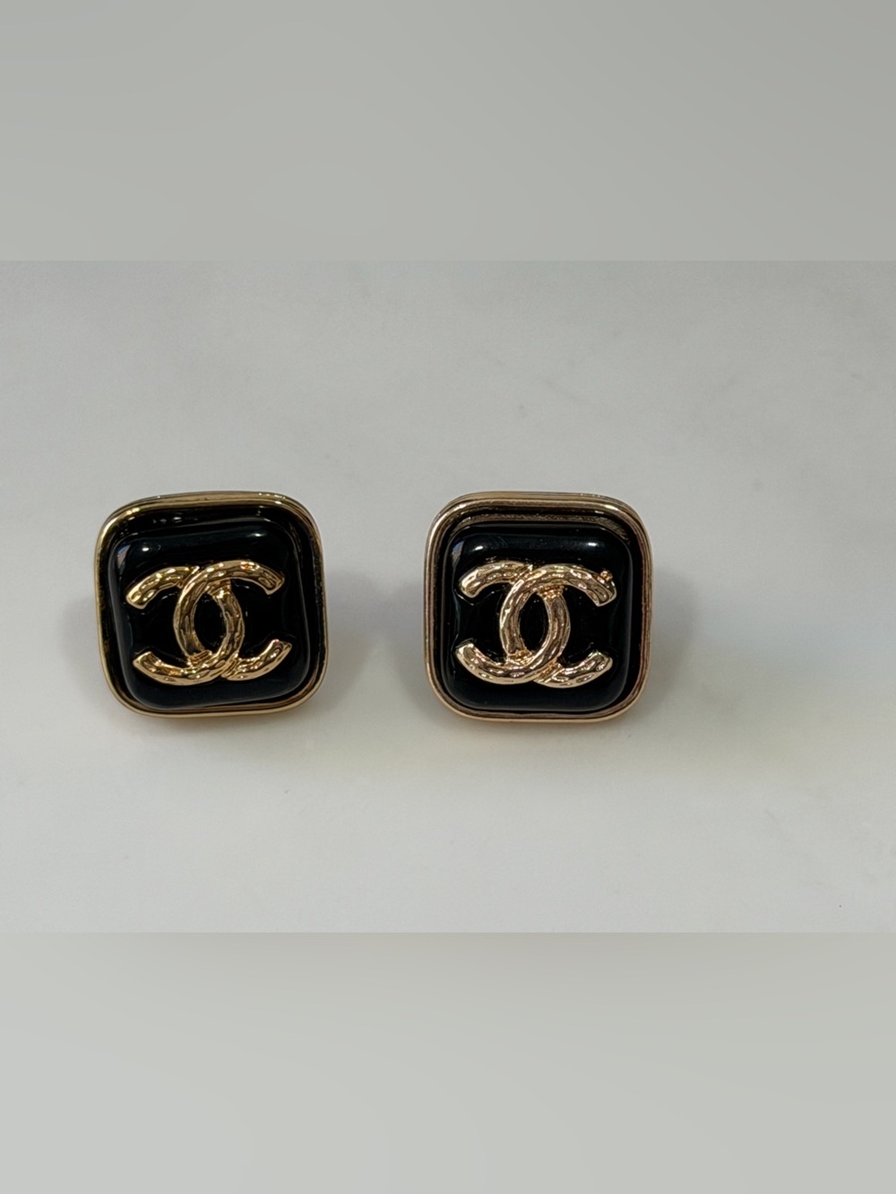 Black Enamel Square Earrings with Gold Tone CC Logo